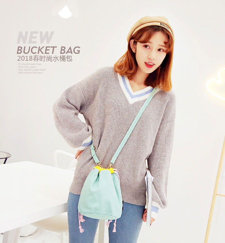 beam mouth canvas bag drawstring bucket bag diagonal package